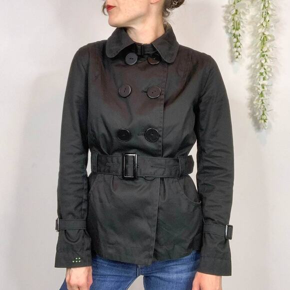 SOIA & KYO black cotton jacket belted double row buttons scoop pockets - Picture 1 of 14